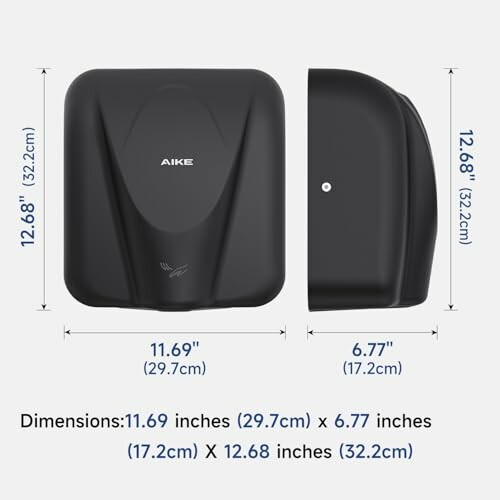 Aike hand dryer with dimensions displayed.