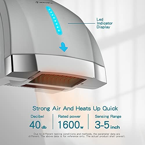 Automatic hand dryer with LED display and specifications.