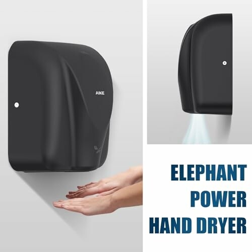 Black wall-mounted hand dryer with hands underneath.