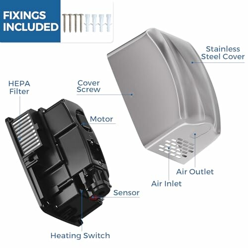 Components of a hand dryer with stainless steel cover, motor, HEPA filter, and fixings.