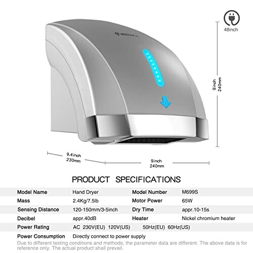 Product specifications for M699S hand dryer.