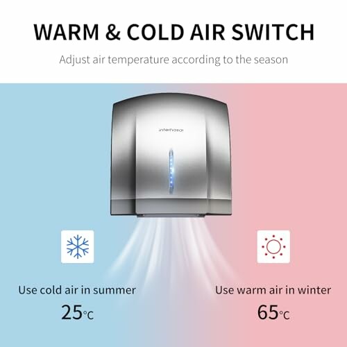 Hand dryer with warm and cold air switch for seasonal use.