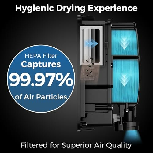 HEPA filter captures 99.97% of air particles, filtered for superior air quality.