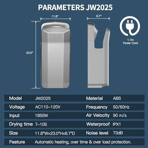 Specifications for JW2025 hand dryer including model, voltage, input, and features.